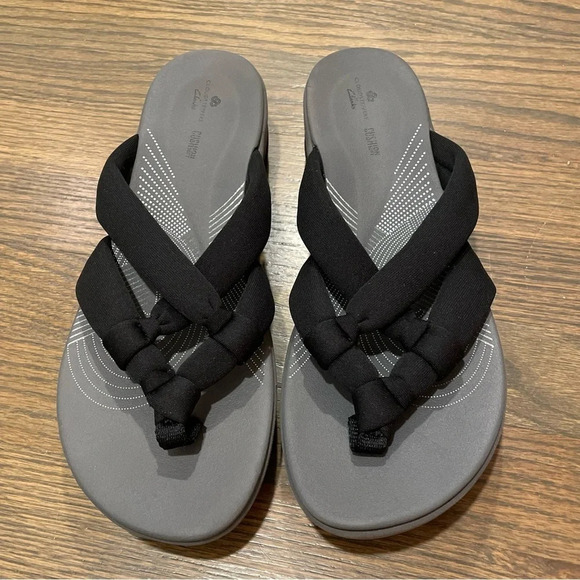 NWOT Clarks Cloudsteppers Arla Jane Black Fabric Wedge Sandals Women's 11 - Picture 2 of 14